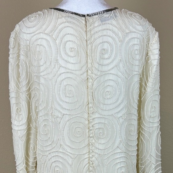 Laurence Kazar New York 100% Silk Vintage Angled Ivory Formal Beaded Midi Dress - Picture 9 of 16